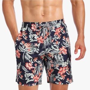 BIWISY Men's Floral Swim Trunk Board Shorts Drawstring Vacation Palm Medium Blue